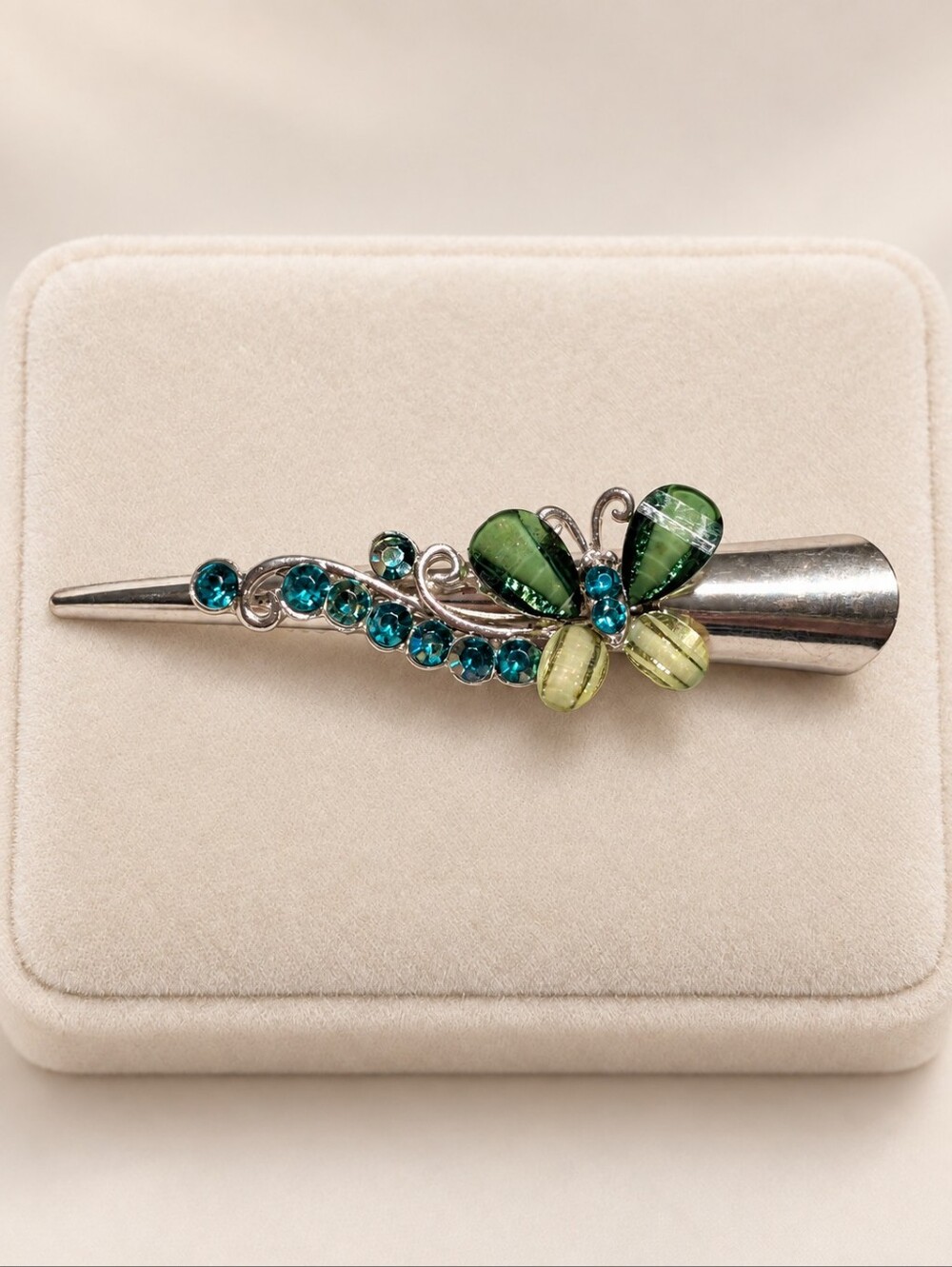 Vintage Green and Teal Crystal Butterfly Hair Clip